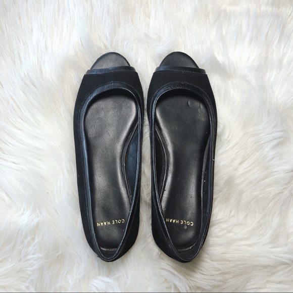 COLE HAAN OPEN TOE PEEPTOE SUEDE AND LEATHER FLATS - Picture 3 of 8